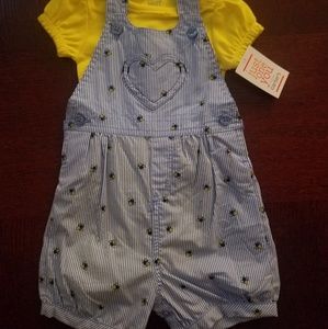 Two piece bumblebee overalls with yellow shirt
